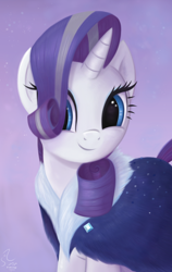 Size: 2712x4296 | Tagged: safe, artist:fladdrarblyg, edit, imported from derpibooru, rarity, pony, the last problem, clothes, colored, female, hair over one eye, head turn, looking at you, mare, older, older rarity, removed eyebag edit, signature, simple background, smiling, solo, three quarter view