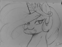 Size: 2048x1535 | Tagged: safe, artist:thelunarmoon, imported from derpibooru, princess celestia, alicorn, pony, cookie, female, food, grayscale, lidded eyes, mare, monochrome, mouth hold, smiling, solo, traditional art