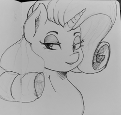 Size: 2048x1944 | Tagged: safe, artist:thelunarmoon, imported from derpibooru, rarity, pony, unicorn, female, grayscale, lidded eyes, mare, monochrome, smiling, solo, traditional art