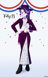 Size: 625x1000 | Tagged: safe, artist:riouku, imported from derpibooru, starlight glimmer, human, equestria girls, boots, chile, clothes, coat, commission, confetti, cute, dress, eyeshadow, fedora, female, glimmerbetes, hat, high heel boots, looking at you, makeup, shoes, smiling, solo