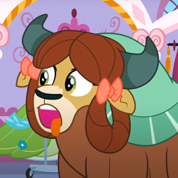 Size: 728x728 | Tagged: safe, imported from derpibooru, screencap, yona, yak, season 9, she's all yak, spoiler:s09, bow, cropped, female, hair bow, monkey swings, open mouth, solo, tongue out