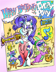 Size: 3191x4090 | Tagged: safe, artist:grotezco, artist:tokiotoyy2k, imported from derpibooru, rarity, spike, dragon, pony, unicorn, anniversary, bipedal, birthday, clothes, cupcake, evening, food, glasses, happy birthday mlp:fim, makeup, microphone stand, mlp fim's twelfth anniversary, music notes, musical instrument, outfit catalog, pose, saxophone, singing, solo, vintage