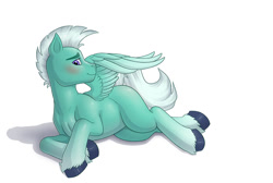 Size: 1028x690 | Tagged: safe, artist:anadukune, imported from derpibooru, pegasus, pony, blushing, cute, g5, lying down, male, missing accessory, on side, simple background, solo, stallion, thunder flap, thundorable, unshorn fetlocks, white background