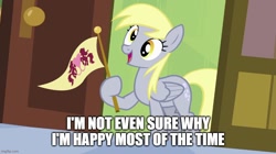 Size: 888x499 | Tagged: safe, imported from derpibooru, screencap, derpy hooves, pegasus, pony, rainbow falls, season 4, caption, female, flag, image macro, imgflip, mare, solo, text