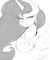 Size: 2700x3262 | Tagged: safe, artist:thelunarmoon, imported from derpibooru, princess luna, alicorn, pony, constellation, doodle, female, grayscale, lidded eyes, mare, monochrome, peytral, smiling, solo, wings