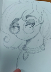 Size: 1462x2048 | Tagged: safe, artist:thelunarmoon, imported from derpibooru, oc, oc only, pony, collar, doodle, ear piercing, eyeshadow, female, freckles, glasses, lidded eyes, makeup, mare, monochrome, piercing, solo, traditional art
