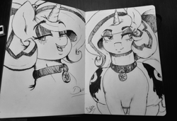 Size: 2048x1400 | Tagged: safe, artist:thelunarmoon, imported from derpibooru, oc, oc only, oc:lilith, succubus, unicorn, both cutie marks, collar, doodle, eyeshadow, fangs, female, freckles, horn, inked, lidded eyes, makeup, mare, monochrome, open mouth, open smile, sketchbook, smiling, solo, traditional art, wide hips