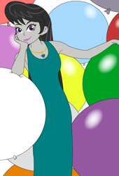 Size: 618x908 | Tagged: safe, artist:hakdurbin, imported from derpibooru, octavia melody, human, equestria girls, balloon, clothes, dress, female, heart necklace, looking at you, older, pose, smiling