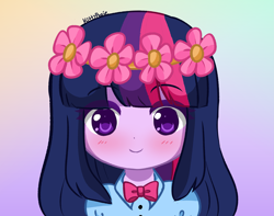 Size: 3549x2798 | Tagged: safe, artist:kittyrosie, imported from derpibooru, twilight sparkle, human, equestria girls, eyebrows, eyebrows visible through hair, floral head wreath, flower, flower in hair, gradient background, simple background, solo