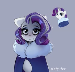 Size: 2048x1985 | Tagged: safe, artist:katputze, imported from derpibooru, rarity, pony, unicorn, bags under eyes, cloak, clothes, female, floppy ears, frown, gray background, looking at you, mare, older, older rarity, signature, simple background, solo