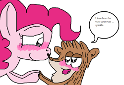 Size: 947x651 | Tagged: safe, artist:miatehkitty, imported from derpibooru, pinkie pie, earth pony, pony, raccoon, blushing, crossover, crossover shipping, deviantart, female, happy, male, mare, ms paint, regular show, rigby, rigbypie, shipping, simple background, straight, teary eyes, text, white background