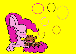 Size: 887x632 | Tagged: safe, artist:miatehkitty, imported from derpibooru, pinkie pie, earth pony, pony, raccoon, blushing, crossover, crossover shipping, deviantart, eyes closed, female, happy, male, mare, ms paint, regular show, rigby, rigbypie, shipping, simple background, straight, tail, tail wrap, yellow background