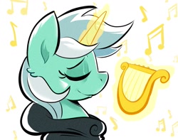 Size: 1373x1080 | Tagged: safe, artist:another_pony, imported from derpibooru, lyra heartstrings, pony, unicorn, fanfic:background pony, bust, clothes, dig the swell hoodie, eyes closed, hoodie, lyre, magic, music notes, musical instrument, portrait, profile, solo, telekinesis