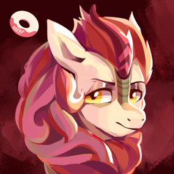 Size: 1800x1800 | Tagged: safe, artist:poxy_boxy, imported from derpibooru, autumn blaze, kirin, bust, eyebrows, female, frown, looking at you, mare, portrait, signature, solo