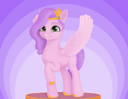 Size: 1550x1200 | Tagged: safe, artist:xodok, imported from derpibooru, pipp petals, pegasus, pony, series:ponyashnost, female, g5, headband, looking at you, mare, raised hoof, smiling, spread wings, unshorn fetlocks, wings