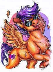 Size: 2545x3485 | Tagged: safe, artist:lupiarts, imported from derpibooru, scootaloo, pegasus, pony, drawing, feather, feathered wings, female, filly, foal, happy, marker drawing, open mouth, simple background, smiling, solo, spread wings, sunglasses, teenager, tooth gap, traditional art, white background, wings