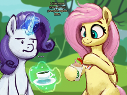 Size: 2732x2048 | Tagged: safe, artist:phutashi, imported from derpibooru, fluttershy, rarity, pegasus, pony, unicorn, ..., coffee, coffee cup, coffee mug, cup, dialogue, dot eyes, duo, female, food, high res, hoof hold, hot sauce, latte, levitation, magic, mare, mug, pumpkin spice, saucer, smiling, telekinesis, this will end in tears, this will not end well