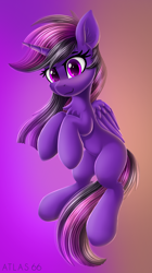Size: 1120x2000 | Tagged: safe, artist:atlas-66, imported from derpibooru, oc, oc only, oc:misty shadows, alicorn, pony, alicorn oc, chest fluff, female, flying, horn, mare, smiling, solo, wings