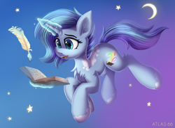 Size: 2000x1473 | Tagged: safe, artist:atlas-66, imported from derpibooru, oc, oc only, pony, unicorn, chest fluff, crescent moon, feather, female, horn, journal, levitation, magic, mare, moon, open mouth, quill, solo, stars, telekinesis, unicorn oc