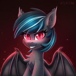 Size: 2000x2000 | Tagged: safe, artist:atlas-66, imported from derpibooru, oc, oc only, oc:malachite cluster, bat pony, pony, bat pony oc, chest fluff, commission, female, glowing, glowing eyes, male, mare, red background, red eyes, simple background, sitting, slit eyes, solo, spread wings