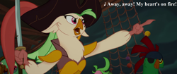 Size: 1920x804 | Tagged: safe, edit, edited screencap, imported from derpibooru, screencap, captain celaeno, lix spittle, parrot pirates, my little pony: the movie, cutlass, gilbert and sullivan, hat, lyrics, mullet (g4), pirate, song reference, sword, text, the pirates of penzance, tricorne, weapon