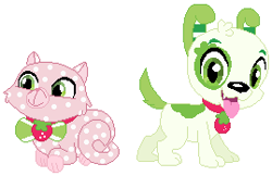 Size: 269x174 | Tagged: safe, artist:selenaede, artist:user15432, imported from derpibooru, cat, dog, equestria girls, barely eqg related, base used, cat collar, collar, crossover, custard (strawberry shortcake), dog collar, looking at you, pupcake, simple background, strawberry shortcake, strawberry shortcake's berry bitty adventures, style emulation, white background