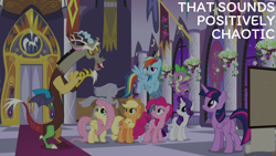 Size: 1920x1080 | Tagged: safe, edit, edited screencap, editor:quoterific, imported from derpibooru, screencap, applejack, discord, fluttershy, pinkie pie, rainbow dash, rarity, spike, twilight sparkle, alicorn, draconequus, dragon, earth pony, pegasus, pony, unicorn, the summer sun setback, discord being discord, female, flying, male, mane seven, mane six, mare, twilight sparkle (alicorn), winged spike, wings