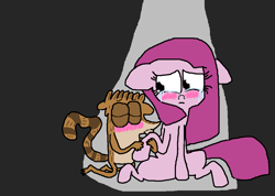 Size: 952x677 | Tagged: safe, artist:miatehkitty, imported from derpibooru, pinkie pie, earth pony, pony, raccoon, blushing, consoling, crossover, crossover shipping, crying, deviantart, eyes closed, female, gray background, hoof kissing, male, mare, ms paint, pinkamena diane pie, regular show, rigby, rigbypie, sad, shipping, simple background, straight, teary eyes