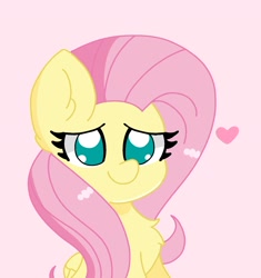 Size: 1718x1831 | Tagged: safe, artist:cinematic-fawn, imported from derpibooru, fluttershy, pegasus, pony, bust, chest fluff, cute, female, folded wings, heart, looking at you, mare, no pupils, pink background, shyabetes, simple background, smiling, solo, wings