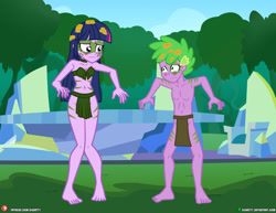Size: 1942x1500 | Tagged: safe, artist:dieart77, imported from derpibooru, spike, twilight sparkle, human, equestria girls, the cutie re-mark, alternate timeline, bandeau, barefoot, belly button, blushing, bodypaint, breasts, chrysalis resistance timeline, cleavage, duo, duo male and female, embarrassed, embarrassed body exposure, equestria girls interpretation, equestria girls-ified, feet, female, front knot midriff, human spike, humanized, jungle girl, loincloth, looking at each other, looking at someone, male, midriff, older, scene interpretation, skimpy outfit, tribal, tribal markings