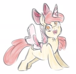 Size: 1778x1722 | Tagged: safe, artist:mayugraffiti, imported from derpibooru, apple bloom, earth pony, pony, adorabloom, alicorn costume, costume, cute, fake horn, fake wings, female, filly, foal, open mouth, simple background, solo, white background