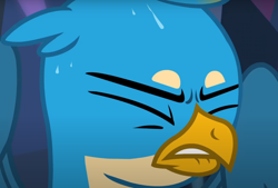 Size: 1128x764 | Tagged: safe, imported from derpibooru, screencap, gallus, griffon, what lies beneath, cropped, eyes closed, lip bite, male, out of context, solo, sweat, sweatdrops