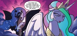 Size: 1294x613 | Tagged: safe, artist:tonyfleecs, idw, imported from derpibooru, nightmare moon, princess celestia, alicorn, pony, fiendship is magic, season 1, spoiler:comic, crown, dialogue, duo, ethereal hair, ethereal mane, ethereal tail, female, galaxy hair, galaxy mane, galaxy tail, jewelry, mare, multicolored hair, multicolored mane, official comic, regalia, roasted, roasting, sparkles, speech bubble, tail, teary eyes, text