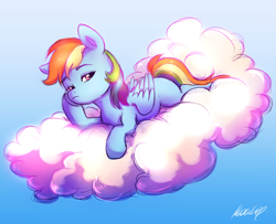 Size: 2140x1740 | Tagged: safe, artist:buttersprinkle, imported from derpibooru, rainbow dash, pegasus, pony, bored, cloud, female, looking at you, lying down, mare, missing cutie mark, on a cloud, signature, simple background, sky, solo