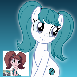 Size: 2019x2019 | Tagged: safe, artist:badumsquish, artist:jamesjapanese91, derpibooru exclusive, imported from derpibooru, human, pony, robot, robot pony, female, gradient background, high res, humanized, jenny wakeman, looking back, mare, my life as a teenage robot, pigtails, ponified, ponified humanized robot, recursion, recursive fanart, show accurate, simple background, sitting, smiling, solo