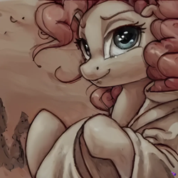 Size: 1024x1024 | Tagged: safe, imported from derpibooru, pinkie pie, earth pony, pony, ai content, ai generated, blue eyes, clothes, female, generator:purplesmart.ai, generator:stable diffusion, mare, pink hair, robe, sepia, smiling, solo, sumi-e