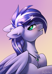 Size: 2000x2828 | Tagged: safe, artist:jedayskayvoker, imported from derpibooru, oc, oc only, oc:lightning flare, pegasus, pony, blushing, bust, chest fluff, commission, cute, ear fluff, folded wings, gradient background, green eyes, horny, icon, jewelry, looking back, male, necklace, pegasus oc, portrait, signature, smiling, solo, stallion, wings