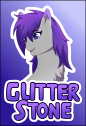 Size: 1670x2432 | Tagged: safe, artist:autumnsfur, imported from derpibooru, oc, oc only, oc:glitter stone, earth pony, pony, badge, blue eyes, bust, chest fluff, con badge, convention, digital art, earth pony oc, eyelashes, female, g4, g5, gray coat, gray fur, hair over one eye, happy, head tilt, long hair, looking at something, mare, name, outline, portrait, purple eyes, purple hair, purple mane, simple background, smiling, smirk, solo, text, turned head, white outline