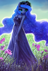 Size: 1024x1536 | Tagged: safe, imported from derpibooru, princess luna, anthro, ai content, ai generated, clothes, cute, dress, female, floral head wreath, flower, flowing mane, generator:purplesmart.ai, generator:stable diffusion, horn, lunabetes, majestic, meadow, solo, sweet dreams fuel, wingless