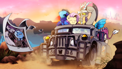 Size: 4000x2249 | Tagged: safe, artist:dormin-dim, imported from derpibooru, discord, fluttershy, starlight glimmer, trixie, oc, draconequus, pegasus, pony, unicorn, canon x oc, driving, happy, high res, photo, sunset, truck, wheel