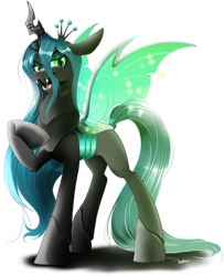 Size: 2338x2877 | Tagged: safe, artist:dormin-dim, imported from derpibooru, queen chrysalis, changeling, changeling queen, crown, fangs, female, jewelry, raised hoof, regalia, simple background, solo, transparent background