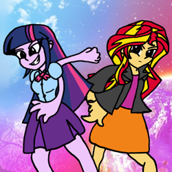 Size: 736x736 | Tagged: safe, imported from derpibooru, sunset shimmer, twilight sparkle, human, equestria girls, counterparts, parody, redraw, rivalry, shadow the hedgehog, sonic adventure 2, sonic the hedgehog, sonic the hedgehog (series), sunsetsparkle, twilight sparkle (alicorn), twilight's counterparts, yuji uekawa style