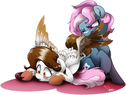 Size: 1000x755 | Tagged: safe, artist:dormin-dim, imported from derpibooru, oc, oc only, earth pony, pegasus, pony, assisted preening, biting, earth pony oc, freckles, pegasus oc, simple background, transparent background, wing bite, wings