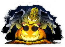 Size: 3412x2480 | Tagged: safe, artist:dormin-dim, imported from derpibooru, oc, oc only, oc:blaze (shadowbolt), pegasus, pony, halloween, holiday, jack-o-lantern, pumpkin, simple background, solo, transparent background