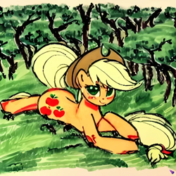 Size: 1024x1024 | Tagged: safe, imported from derpibooru, applejack, earth pony, pony, ai content, ai generated, cute, female, forest, forest background, generator:purplesmart.ai, generator:stable diffusion, hat, jackabetes, lying down, mare, pose, prone, solo, sumi-e