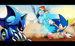 Size: 4000x2480 | Tagged: safe, artist:dormin-dim, imported from derpibooru, rainbow dash, anthro, hedgehog, pegasus, pony, robot, metal sonic, sonic the hedgehog, sonic the hedgehog (series), spoiler