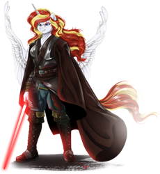 Size: 2223x2412 | Tagged: safe, artist:dormin-dim, imported from derpibooru, oc, oc only, oc:thunder mane, alicorn, anthro, plantigrade anthro, alicorn oc, commission, dark jedi, horn, lightsaber, simple background, sith, solo, star wars, transparent background, weapon, wings