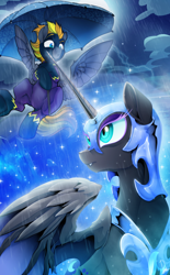 Size: 2480x4000 | Tagged: safe, artist:dormin-dim, imported from derpibooru, nightmare moon, oc, oc:blaze (shadowbolt), alicorn, pegasus, pony, clothes, costume, duo, female, flying, helmet, hoof hold, horn, male, mare, peytral, rain, shadowbolts costume, slit pupils, spread wings, stallion, umbrella, wings