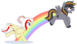 Size: 4963x2856 | Tagged: safe, alternate version, artist:mcjojo, artist:virumi, imported from derpibooru, oc, oc only, oc:antilag, oc:redsun, pegasus, pony, duo, duo male and female, female, jumping, male, rainbow, running, simple background, transparent background