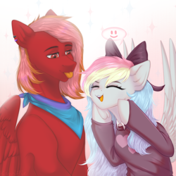 Size: 1900x1900 | Tagged: safe, artist:kawipie, imported from derpibooru, oc, oc only, oc:blazey sketch, oc:lucas reins, pegasus, :p, bandana, bow, clothes, duo, hair bow, long hair, multicolored hair, pegasus oc, piercing, small wings, smiling, sweater, tongue out, wings